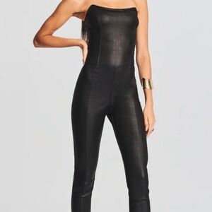 RETROFETE Black Brinley Wax Coated Denim Strapless Jumpsuit Size XS